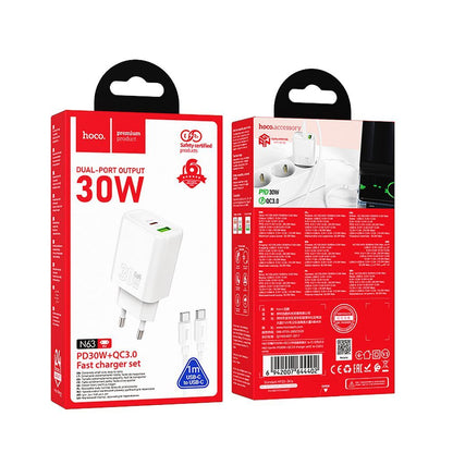 Netzladegerät mit USB-C Kabel HOCO N63, 30W, 3A, 1 x USB-A - 1 x USB-C, Weiß