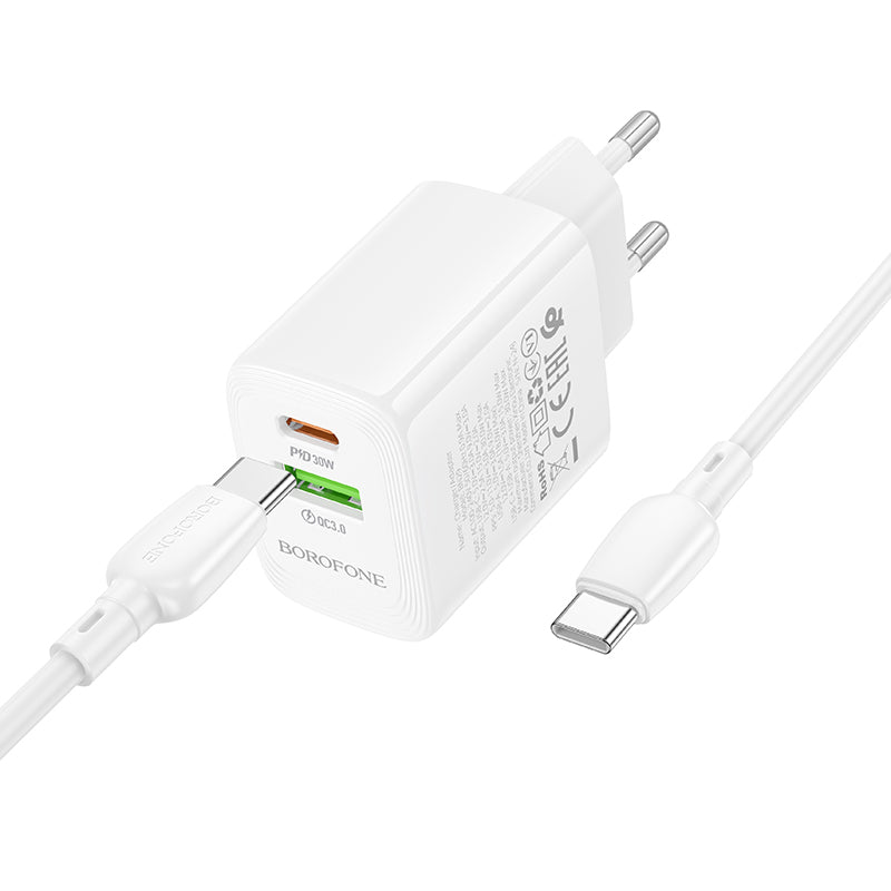 Caricabatterie Rete Con Cavo USB-C Borofone BN29 Fuente, 30W, 3A, 1 x USB-A - 1 x USB-C, Bianco