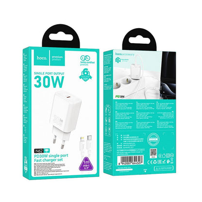 Caricabatterie da Rete con Cavo Lightning HOCO N62, 30W, 3A, 1 x USB-C, Bianco