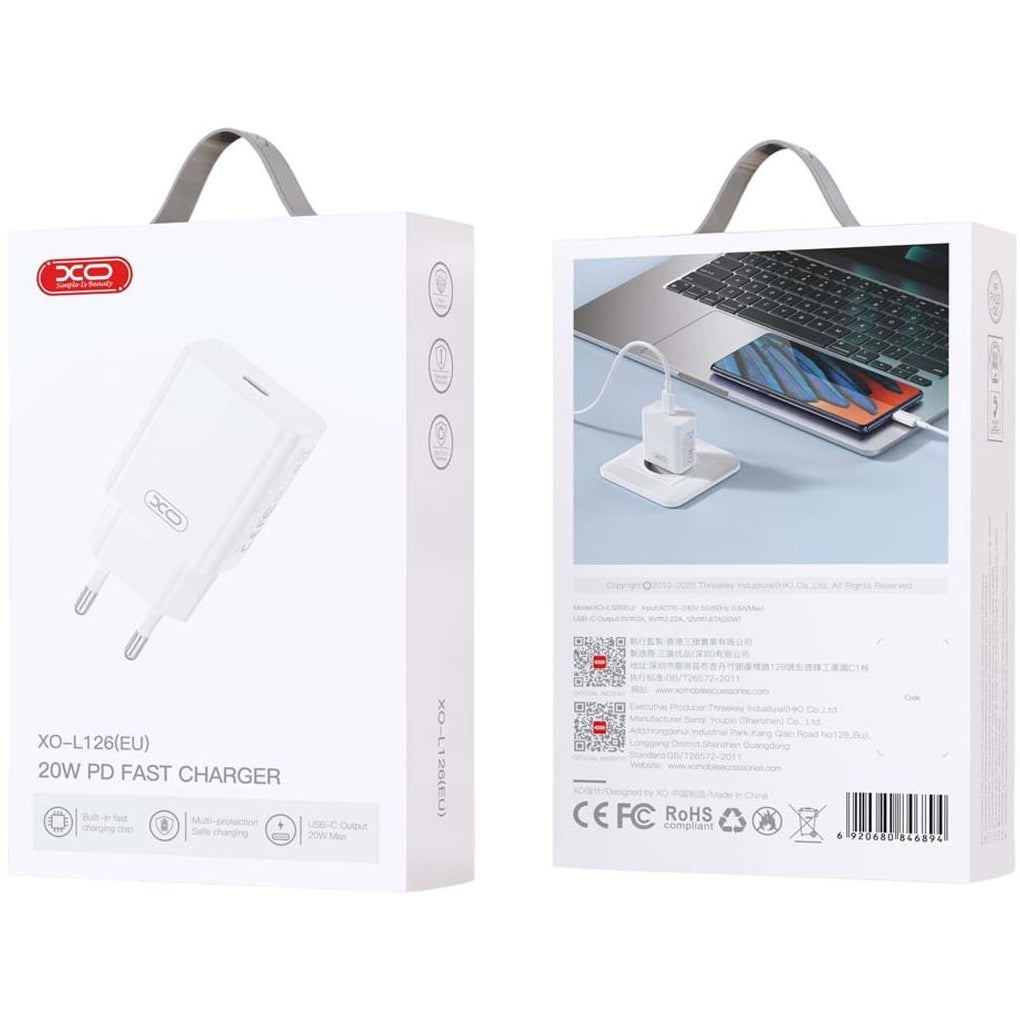 Caricabatterie da Rete con Cavo USB-C XO Design L126, 20W, 3A, 1 x USB-C, Bianco