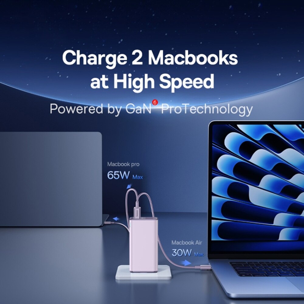 Baseus GaN6 Pro Network Charger with USB-C Cable, 100W, 3.25A, 2 x USB-A - 2 x USB-C, Purple P10162705532-00
