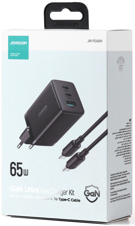 Chargeur réseau avec câble USB-C Joyroom TCG01, 65W, 3.25A, 1 x USB-A - 2 x USB-C, Noir