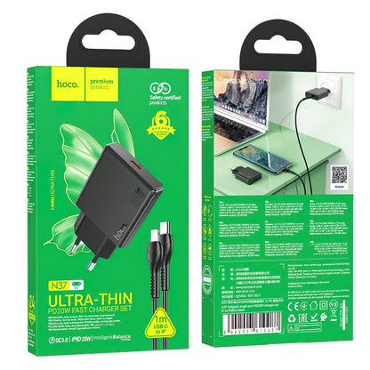 Chargeur réseau avec câble Lightning HOCO N37, 30W, 3A, 1 x USB-C, Noir