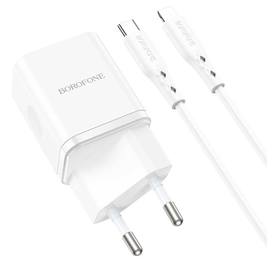 Chargeur réseau avec câble Lightning Borofone BN7, 20W, 3A, 1 x USB-A - 1 x USB-C, Blanc