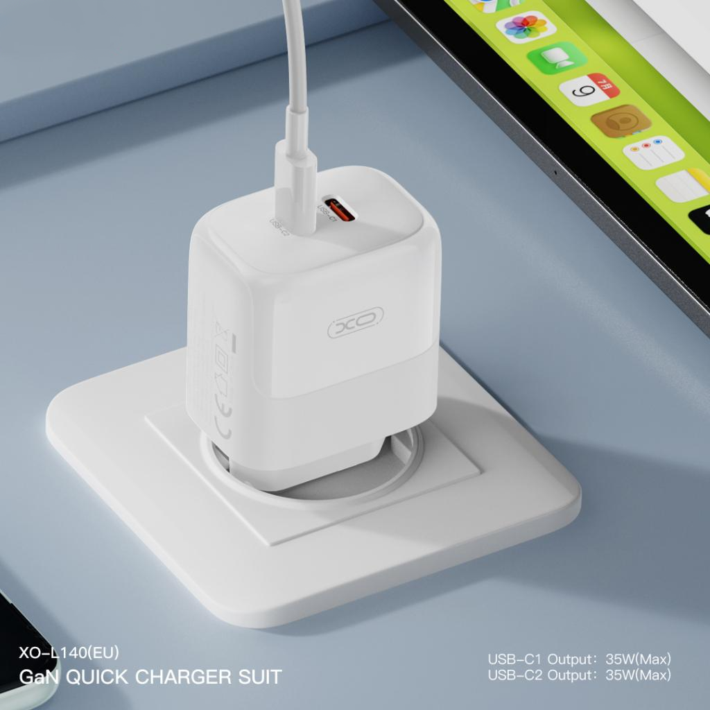 Caricabatterie da Rete con Cavo USB-C XO Design L140, 35W, 3A, 2 x USB-C, Bianco