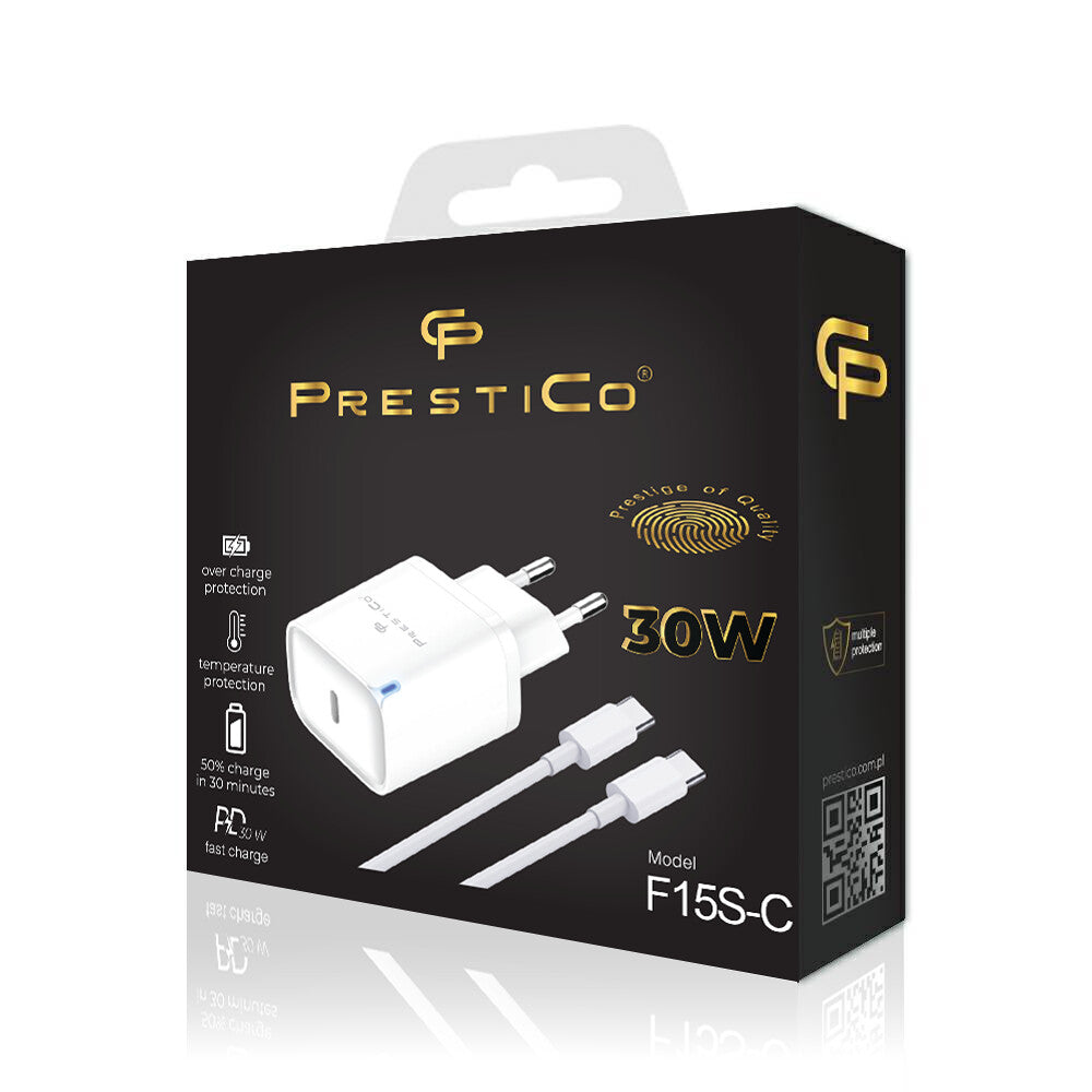 Caricabatterie da rete con cavo USB-C Prestico F15S-C, 30W, 3A, 1 x USB-C, Bianco