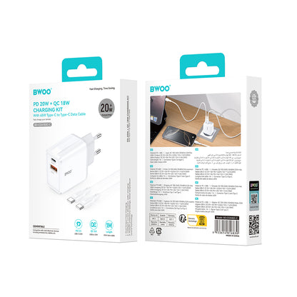 Chargeur réseau avec câble USB-C BWOO CDA182, 38W, 3A, 1 x USB-A - 1 x USB-C, Blanc