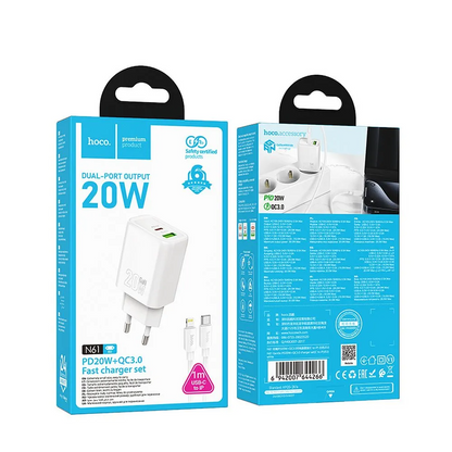 Chargeur réseau avec câble Lightning HOCO N61, 20W, 3A, 1 x USB-A - 1 x USB-C, Blanc