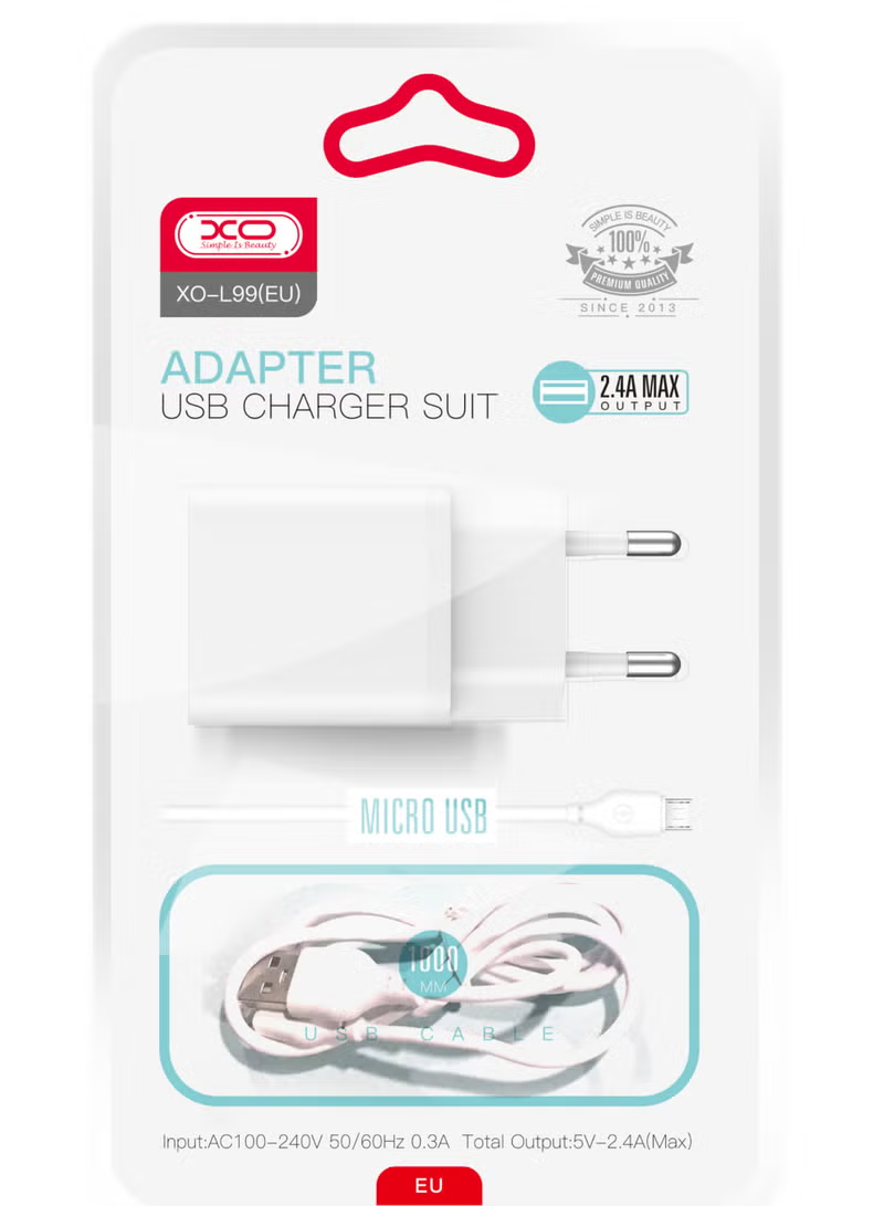 Netzladegerät mit microUSB-Kabel XO Design L99, 12W, 2.4A, 1 x USB-A, Weiß