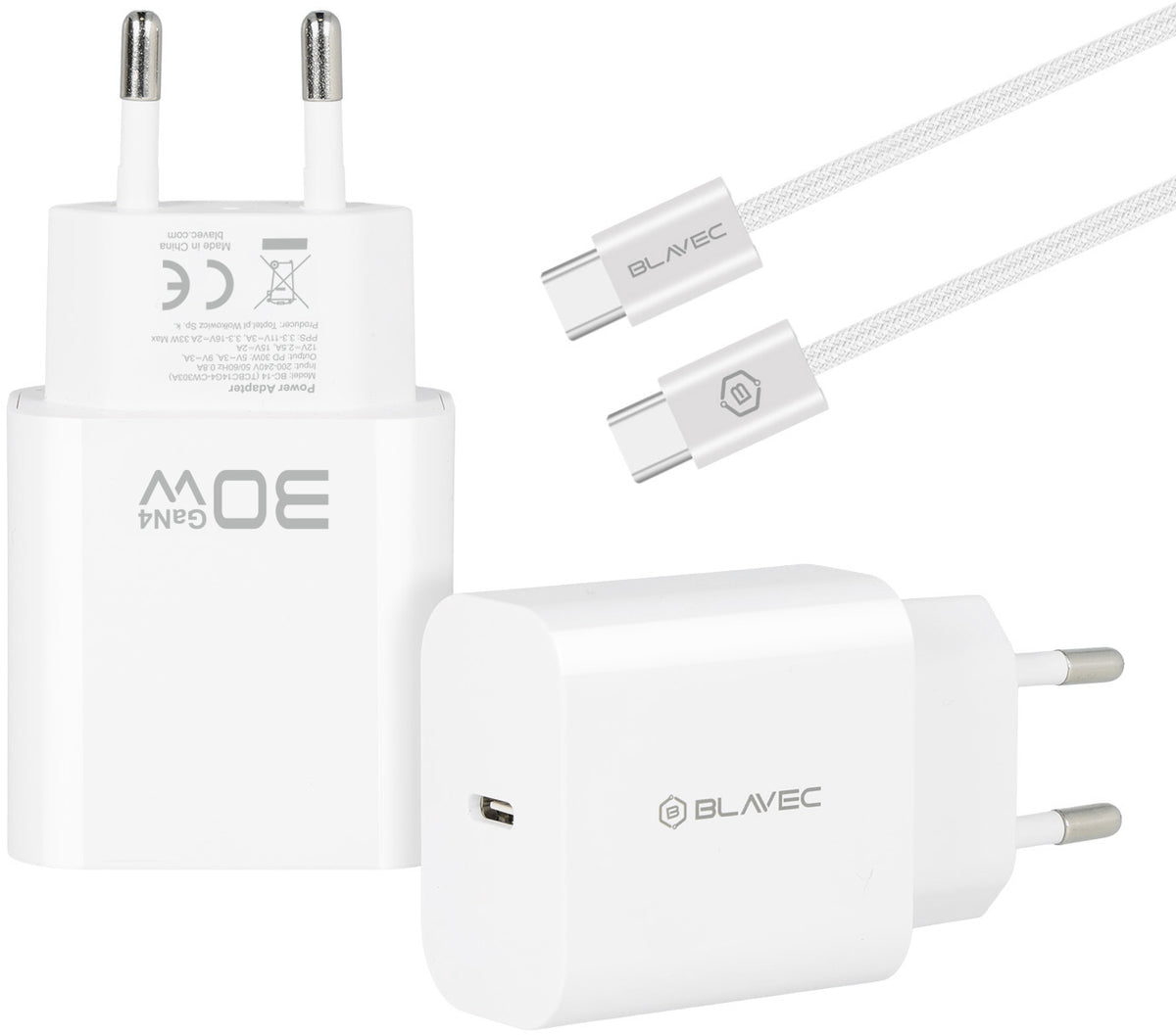 Chargeur secteur avec câble USB-C Blavec BC-14, 30 W, 3 A, 1 x USB-C, blanc