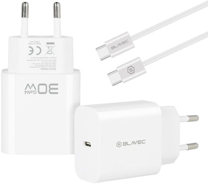 Chargeur secteur avec câble USB-C Blavec BC-14, 30 W, 3 A, 1 x USB-C, blanc