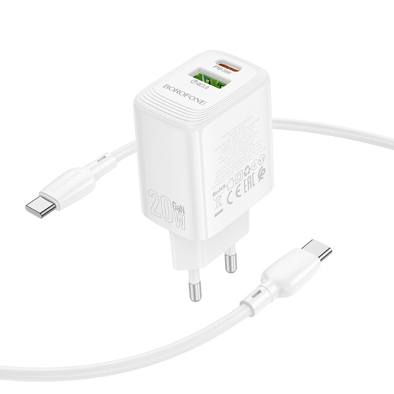 Network Charger with USB-C Cable Borofone BN27 Fuente, 20W, 3A, 1 x USB-A - 1 x USB-C, White