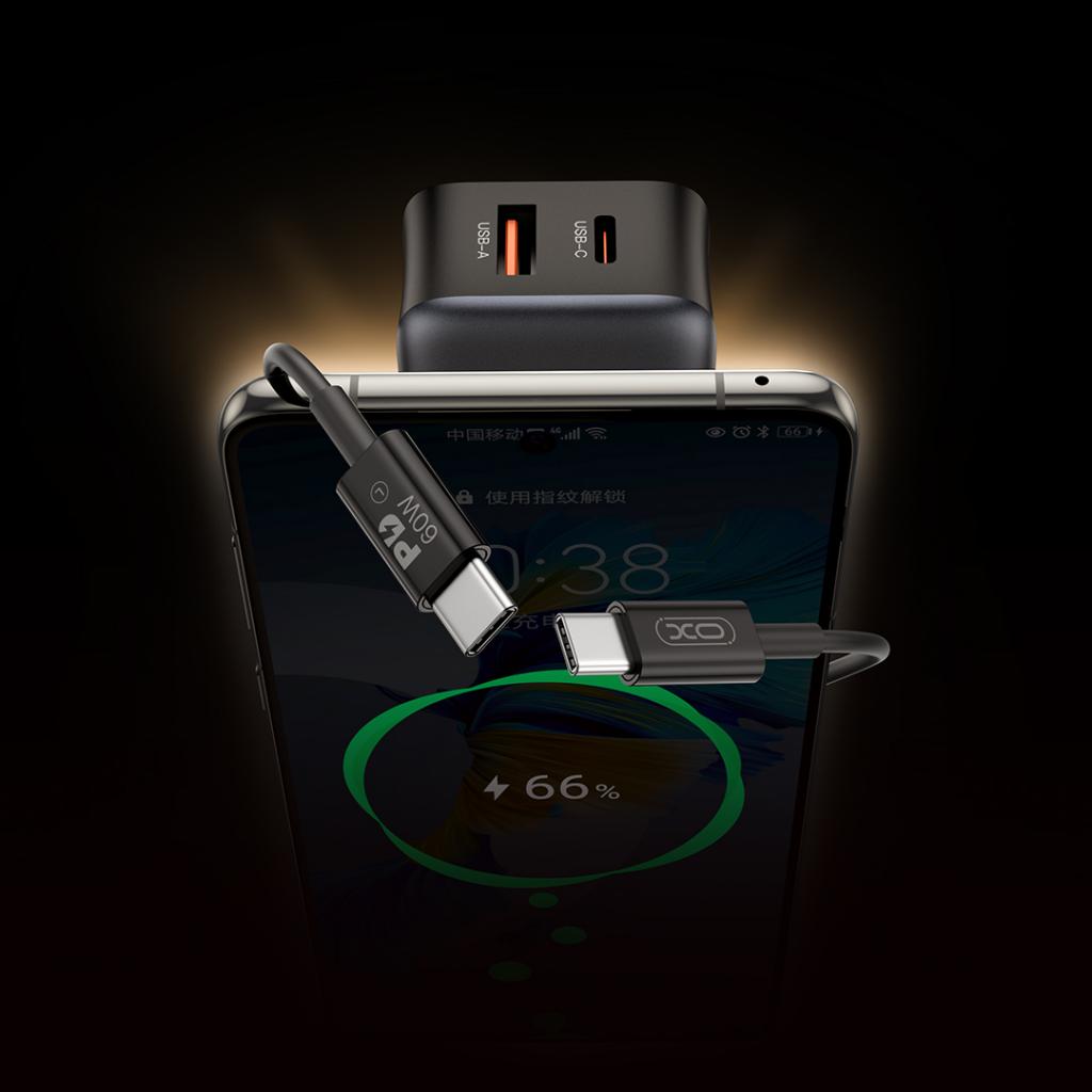 Network Charger with USB-C Cable XO Design L154, 20W, 3A, 1 x USB-A - 1 x USB-C, Black