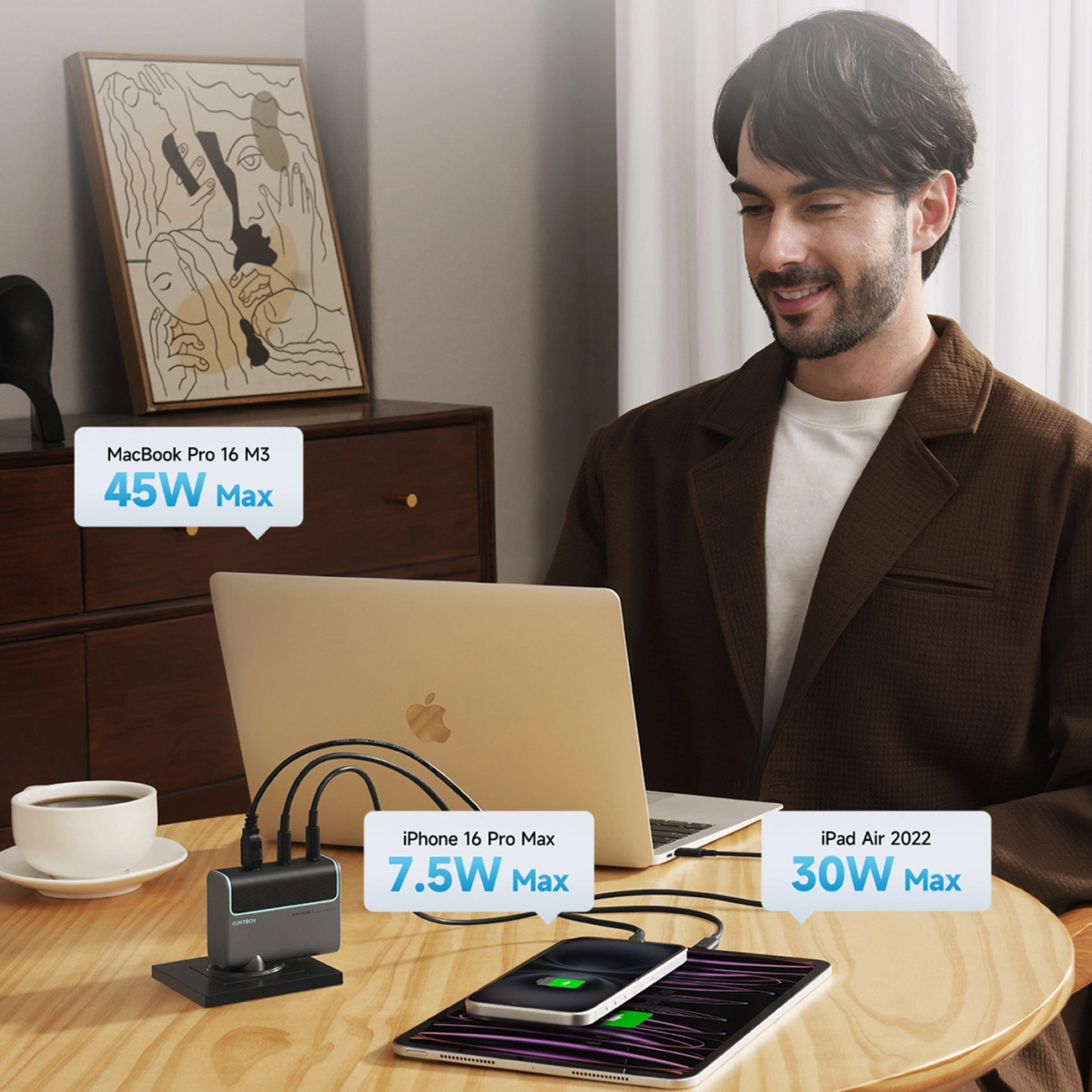 Chargeur réseau avec câble USB-C Cuktech, 100W, 5A, 1 x USB-A - 2 x USB-C, Gris CUKAD1003EUG