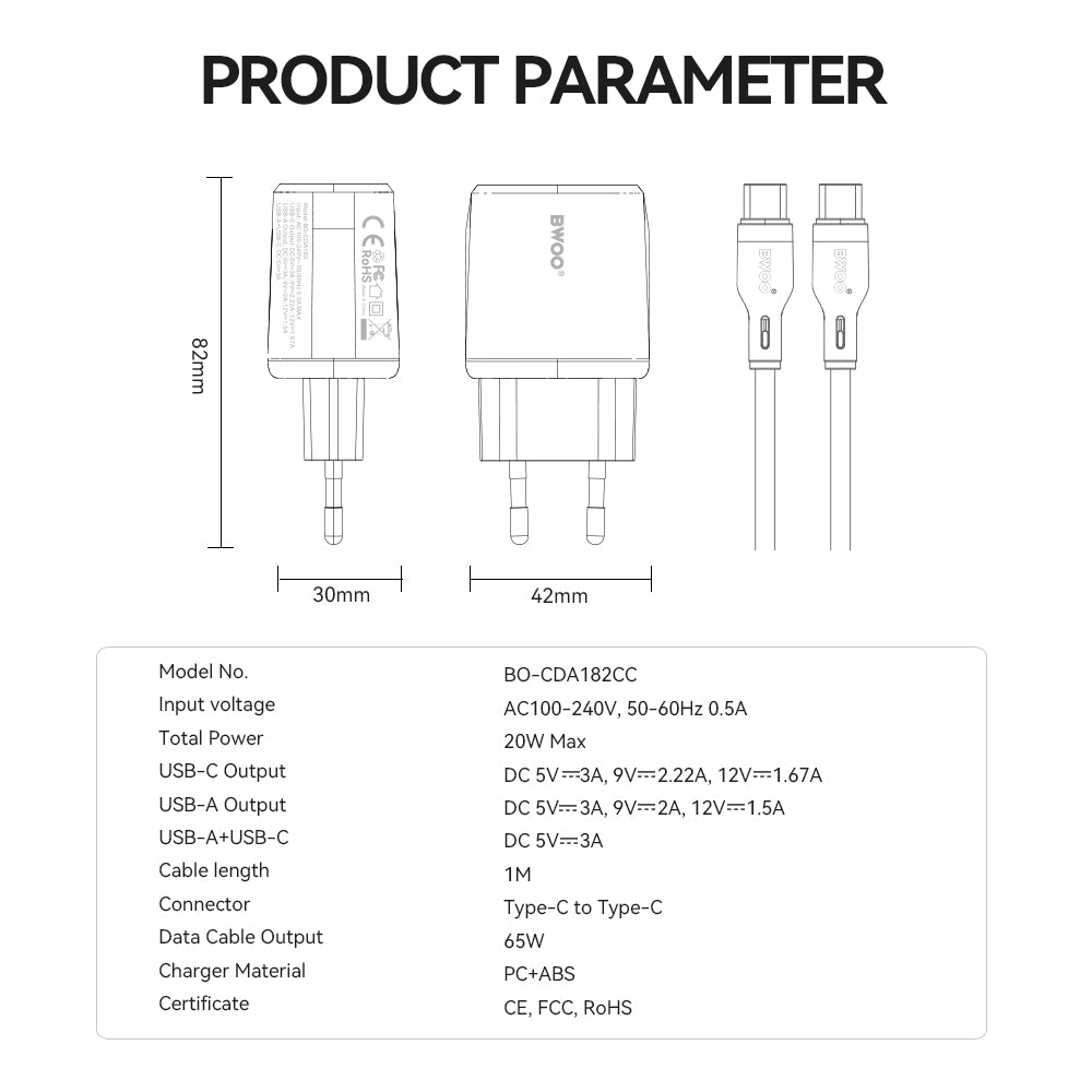 Chargeur réseau avec câble USB-C BWOO CDA182, 38W, 3A, 1 x USB-A - 1 x USB-C, Blanc
