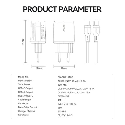 Chargeur réseau avec câble USB-C BWOO CDA182, 38W, 3A, 1 x USB-A - 1 x USB-C, Blanc