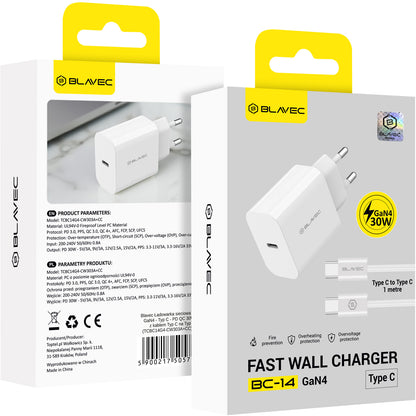 Chargeur secteur avec câble USB-C Blavec BC-14, 30 W, 3 A, 1 x USB-C, blanc