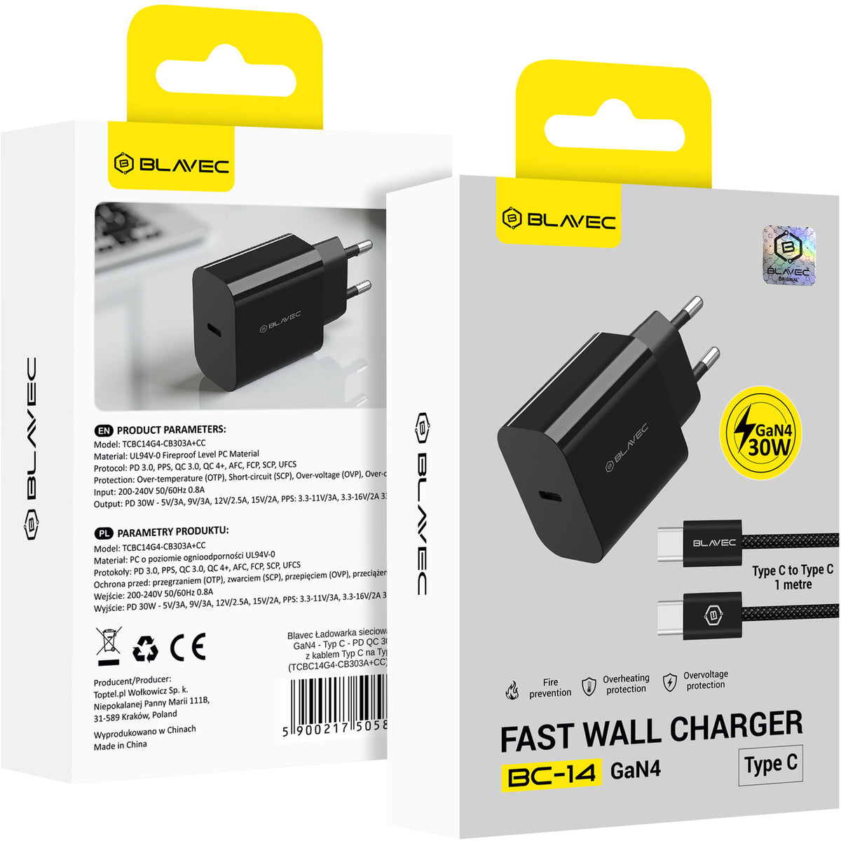 Blavec BC-14 Netzladegerät mit USB-C-Kabel, 30 W, 3 A, 1 × USB-C, Schwarz