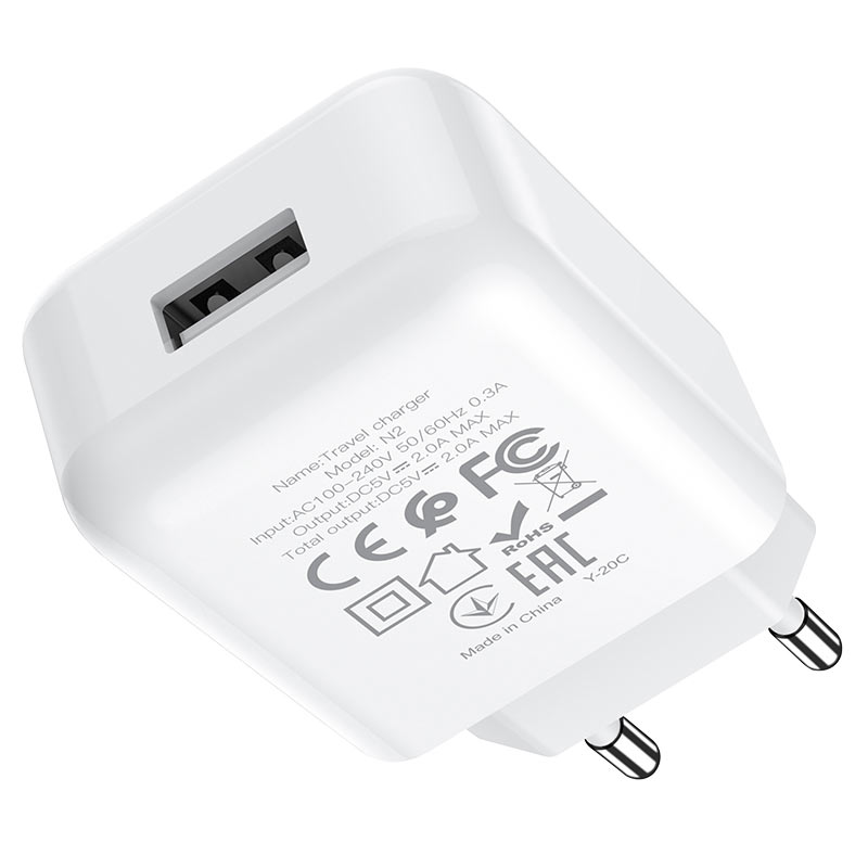 Caricabatterie da Rete con Cavo Lightning HOCO N2, 10W, 2A, 1 x USB-A, Bianco