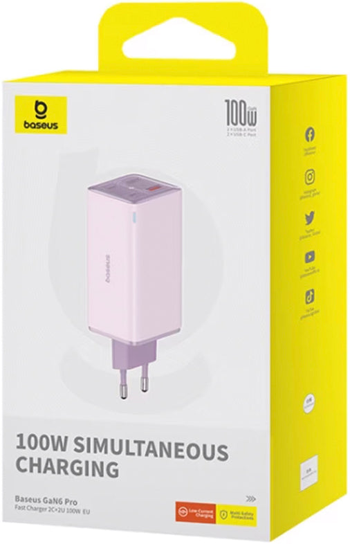 Baseus GaN6 Pro Network Charger with USB-C Cable, 100W, 3.25A, 2 x USB-A - 2 x USB-C, Purple P10162705532-00