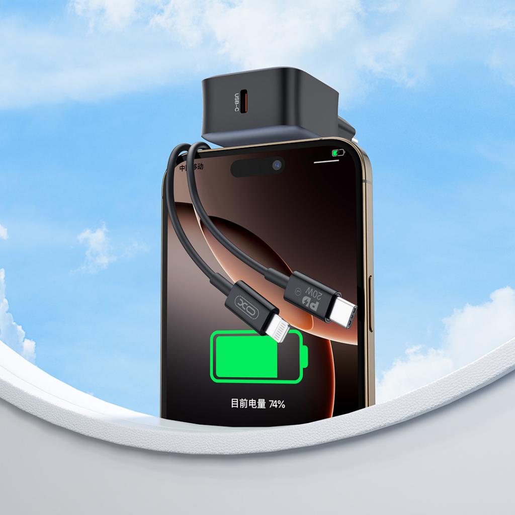 Caricabatterie da rete con cavo Lightning XO Design L155, 30W, 3A, 1 x USB-C, Nero