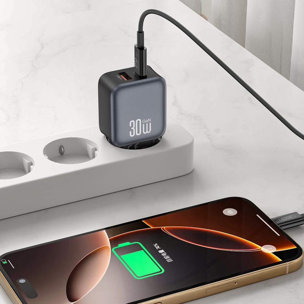 Caricabatterie da rete con cavo Lightning XO Design L156, 30W, 3A, 1 x USB-A - 1 x USB-C, Nero
