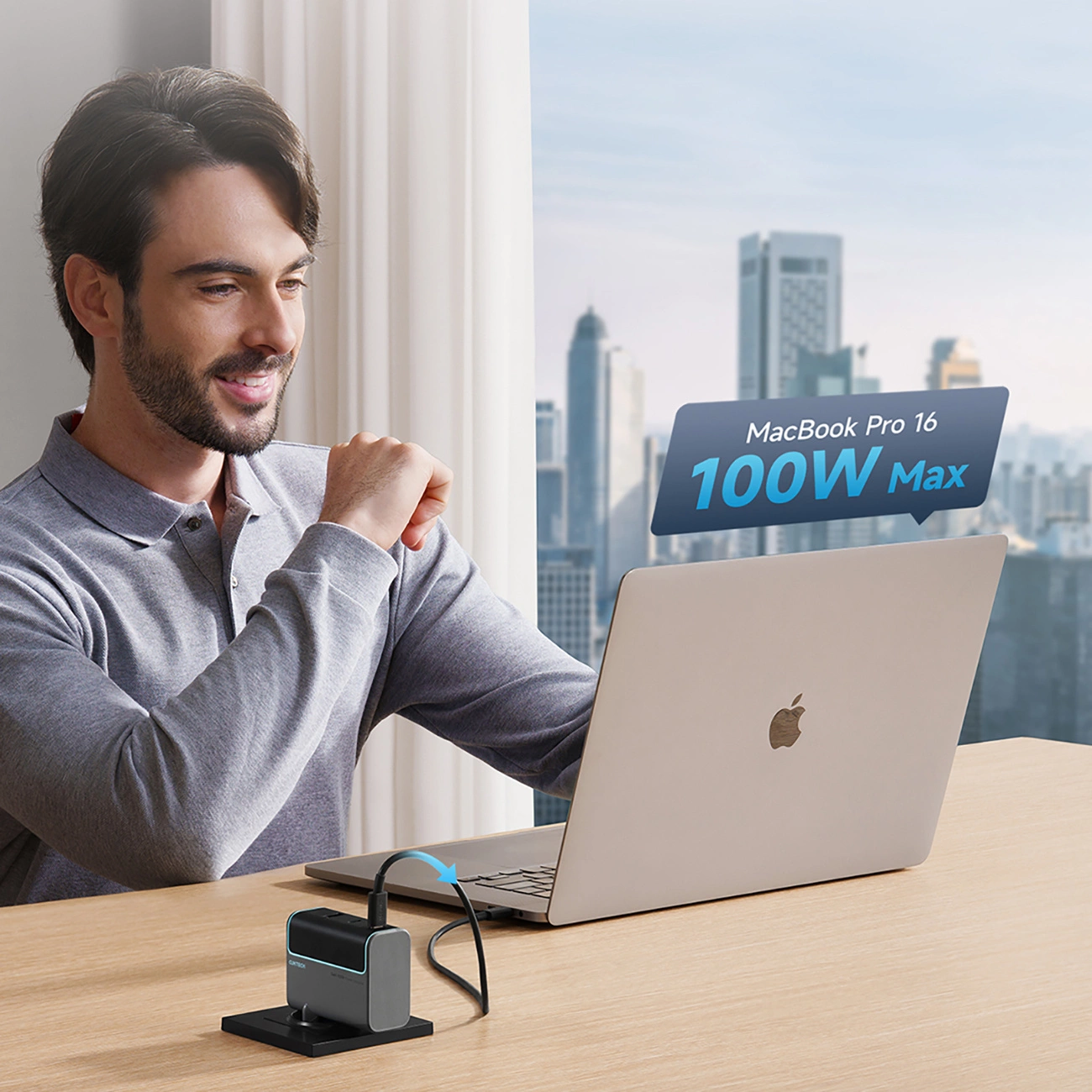 Chargeur réseau avec câble USB-C Cuktech, 100W, 5A, 1 x USB-A - 2 x USB-C, Gris CUKAD1003EUG