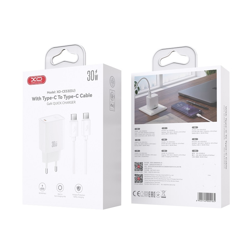 XO Design CE53 Netzladegerät mit USB-C-Kabel, 30 W, 3 A, 1 x USB-C, Weiß