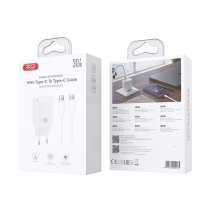 XO Design CE53 Netzladegerät mit USB-C-Kabel, 30 W, 3 A, 1 x USB-C, Weiß