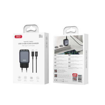 Caricabatterie da rete con cavo Lightning XO Design L156, 30W, 3A, 1 x USB-A - 1 x USB-C, Nero