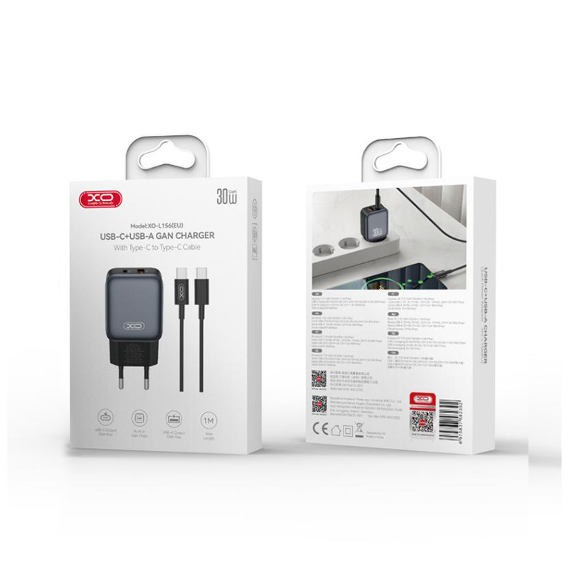 Caricabatterie da Rete con Cavo USB-C XO Design L156, 30W, 3A, 1 x USB-A - 1 x USB-C, Nero
