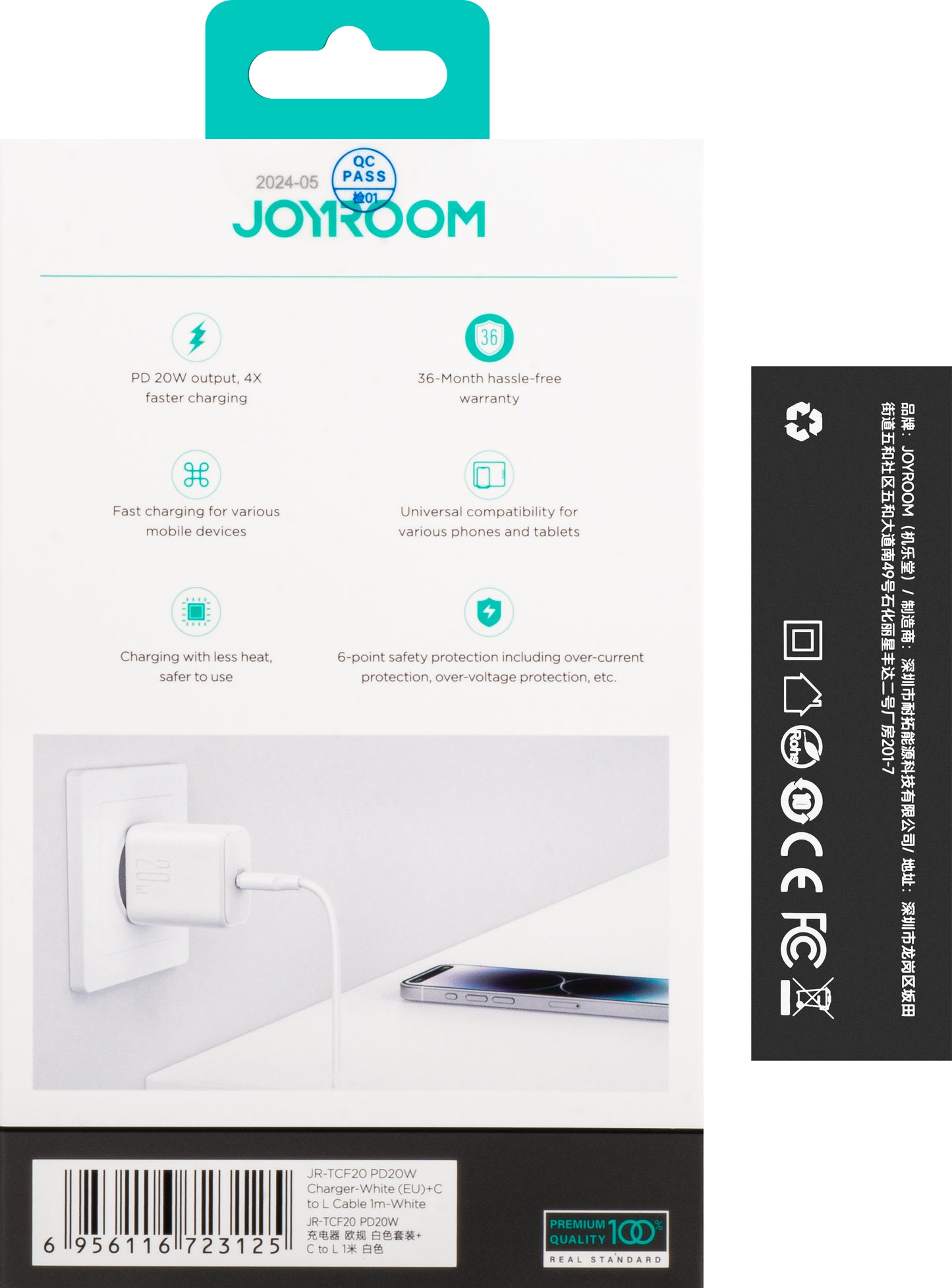 Caricabatterie da rete con cavo Lightning Joyroom JR-TCF20, 20W, 3A, 1 x USB-C, Bianco