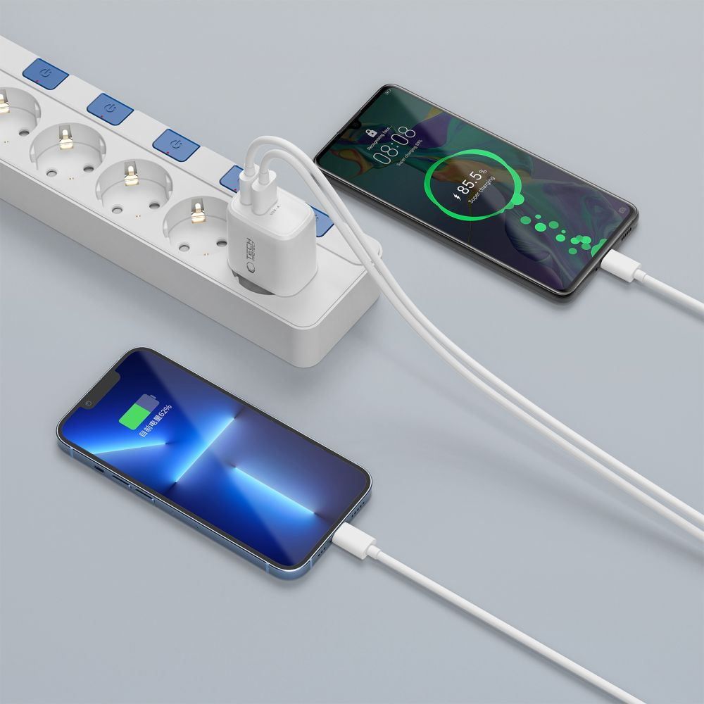 Chargeur Secteur avec Câble USB-C Tech-Protect NCA20, 20W, 3A, 1 x USB-A - 1 x USB-C, Blanc