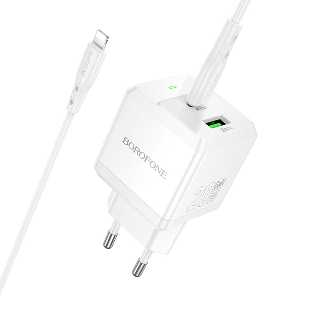 Chargeur réseau avec câble Lightning Borofone BN19 Intenso, 20W, 3A, 1 x USB-A - 1 x USB-C, Blanc