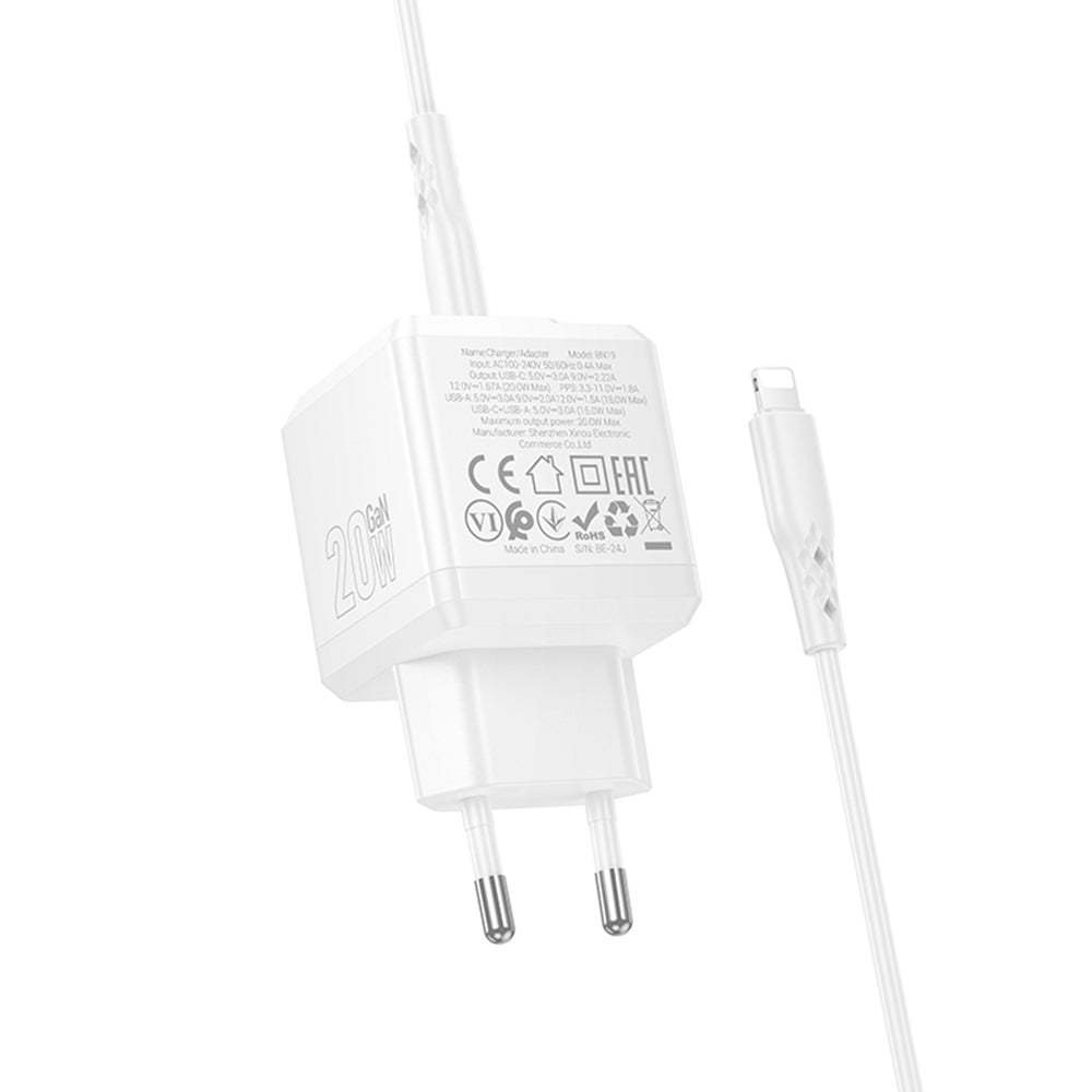 Chargeur réseau avec câble Lightning Borofone BN19 Intenso, 20W, 3A, 1 x USB-A - 1 x USB-C, Blanc