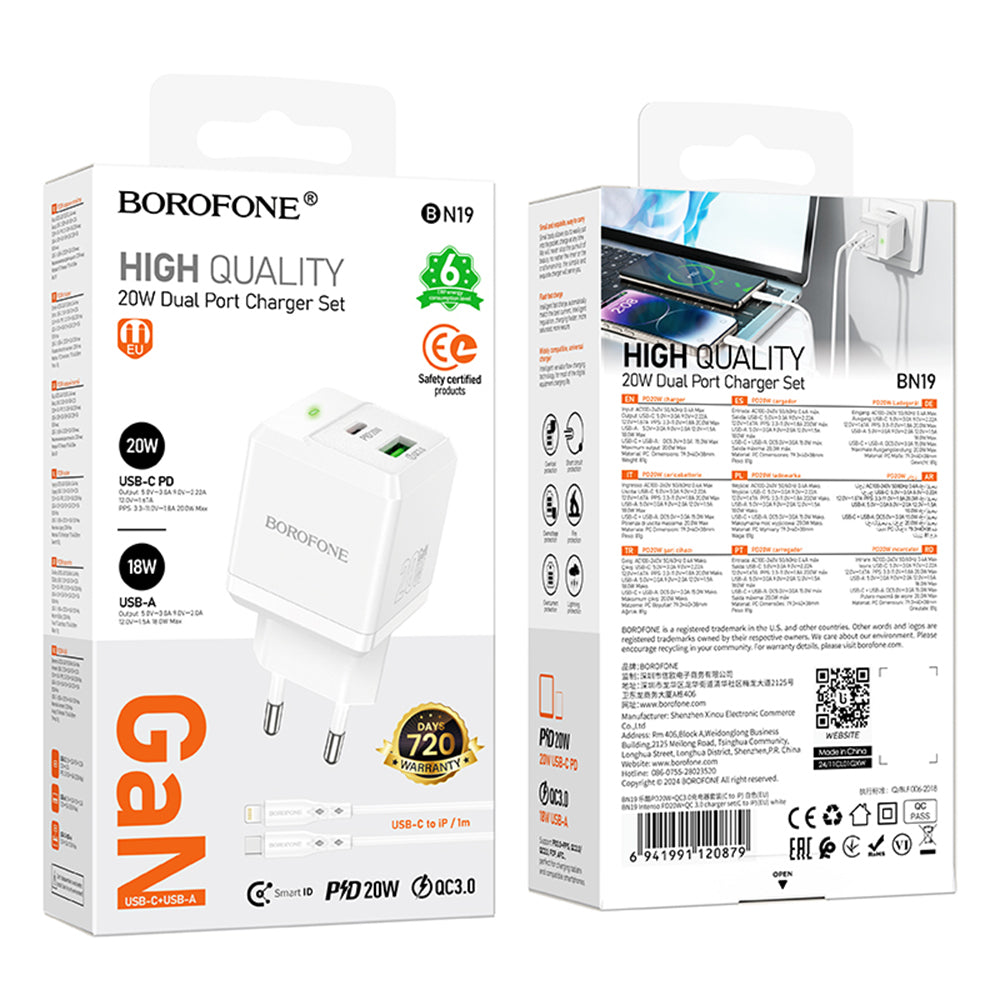 Chargeur réseau avec câble Lightning Borofone BN19 Intenso, 20W, 3A, 1 x USB-A - 1 x USB-C, Blanc