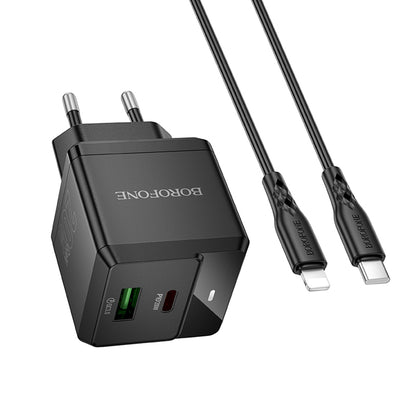 Caricabatterie da Rete con Cavo Lightning Borofone BN19 Intenso, 20W, 3A, 1 x USB-A - 1 x USB-C, Nero