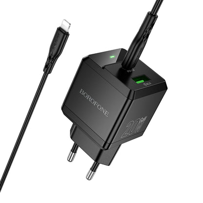 Caricabatterie da Rete con Cavo Lightning Borofone BN19 Intenso, 20W, 3A, 1 x USB-A - 1 x USB-C, Nero