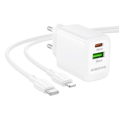 Network Charger with Lightning Cable Borofone BN27 Fuente, 20W, 3A, 1 x USB-A - 1 x USB-C, White