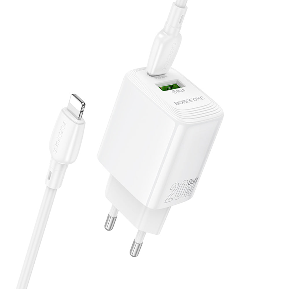 Network Charger with Lightning Cable Borofone BN27 Fuente, 20W, 3A, 1 x USB-A - 1 x USB-C, White