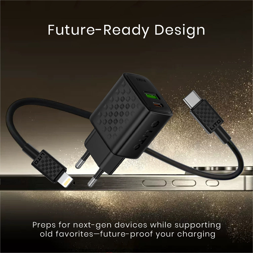 Caricabatterie Rete con Cavo Lightning Lito LC15L, 20W, 3A, 1 x USB-A - 1 x USB-C, Nero