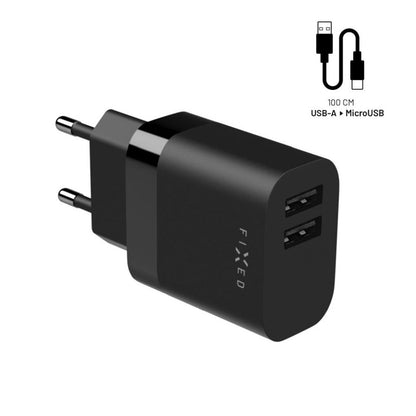 Chargeur réseau avec câble microUSB Fixed, 17W, 3A, 2 x USB-A, Noir