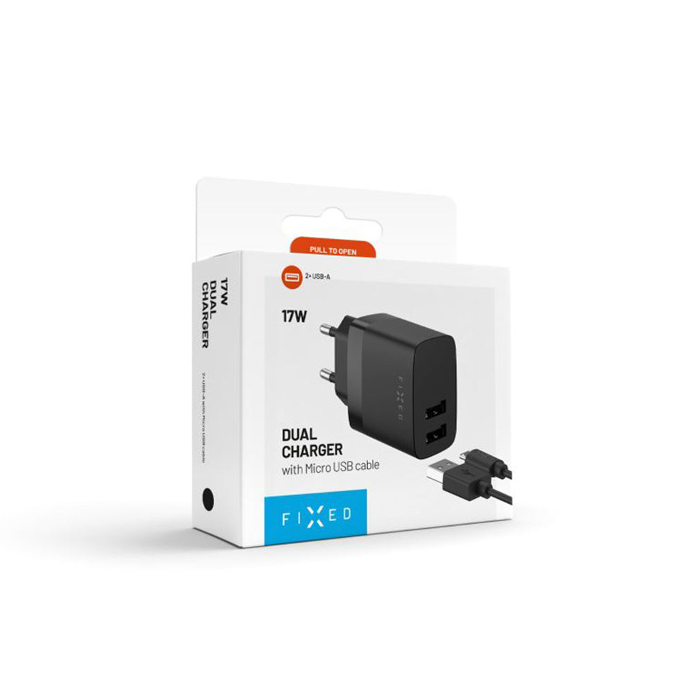Chargeur réseau avec câble microUSB Fixed, 17W, 3A, 2 x USB-A, Noir