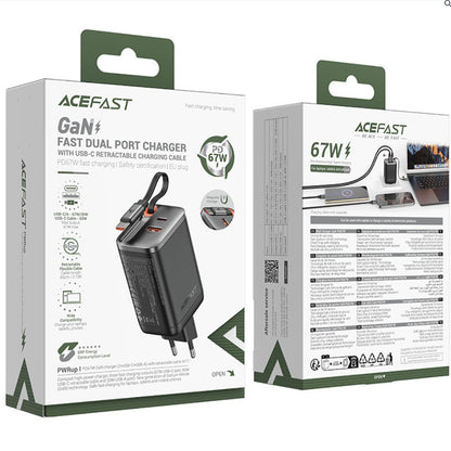 Chargeur réseau avec câble USB-C Acefast A111, 67W, 3A, 1 x USB-A - 1 x USB-C, Noir