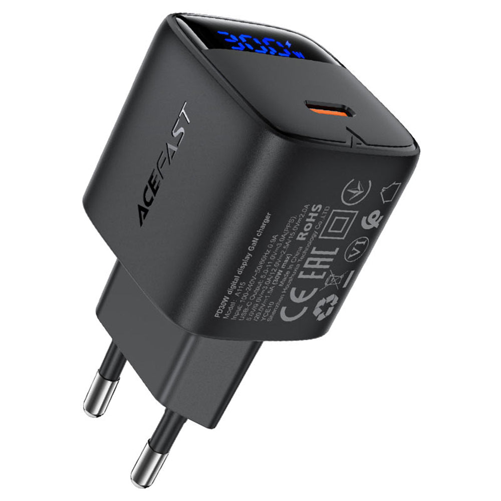 Netzladegerät mit USB-C Kabel Acefast A115 Display, 30W, 3A, 1 x USB-C, Schwarz