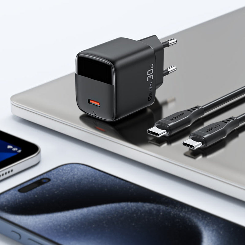 Netzladegerät mit USB-C Kabel Acefast A115 Display, 30W, 3A, 1 x USB-C, Schwarz
