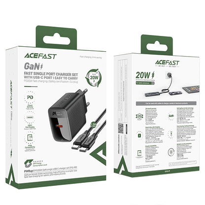 Chargeur réseau avec câble USB-C Acefast A82, 20W, 3A, 1 x USB-C, Noir