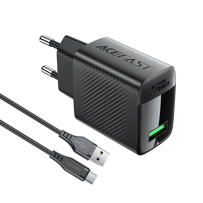 Caricabatterie da Rete con Cavo USB-C Acefast A90, 18W, 3A, 1 x USB-A, Nero
