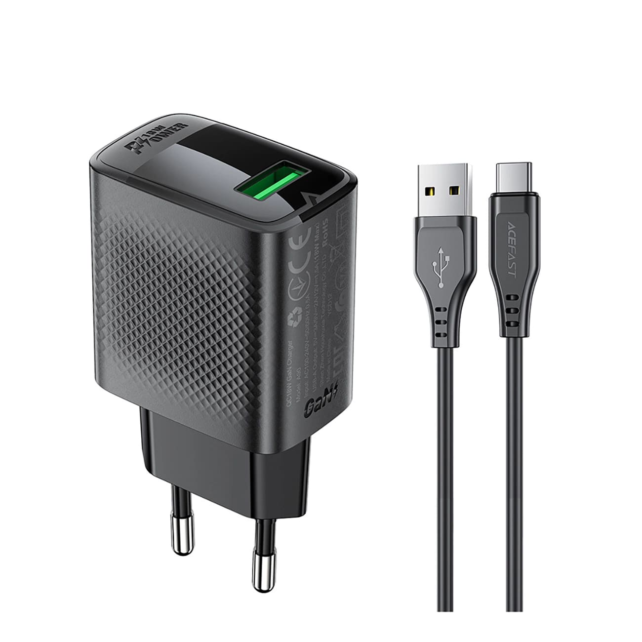 Caricabatterie da Rete con Cavo USB-C Acefast A90, 18W, 3A, 1 x USB-A, Nero