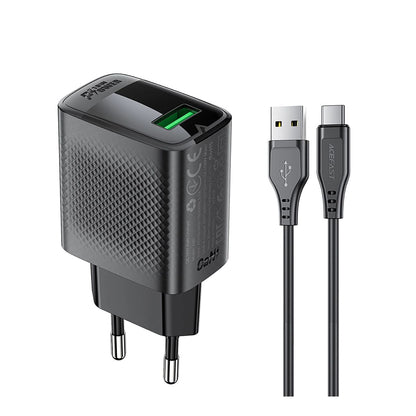 Caricabatterie da Rete con Cavo USB-C Acefast A90, 18W, 3A, 1 x USB-A, Nero